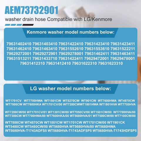 Front view of washer drain hose AEM73732901 replacement compatible with LG and Kenmore washers.