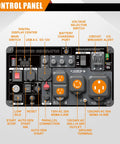 Control panel of 10500 Watt Tri Fuel Open Frame Inverter Generator with sockets, switches and digital display.