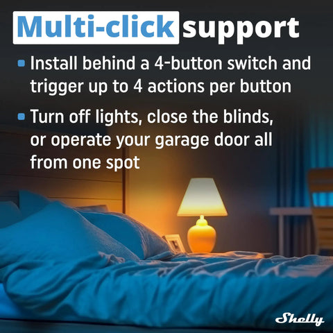 Bedroom with lamp and text describing I4 Gen3 WiFi Smart 4 Digital Inputs Controller for multi-click support, automate lights and scenes.