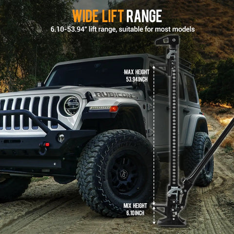 Beefy Seven Thousand Pound Off Road Recovery Jack With 60 Inch Reach Ratcheting Farm Jack beside Jeep on dirt road