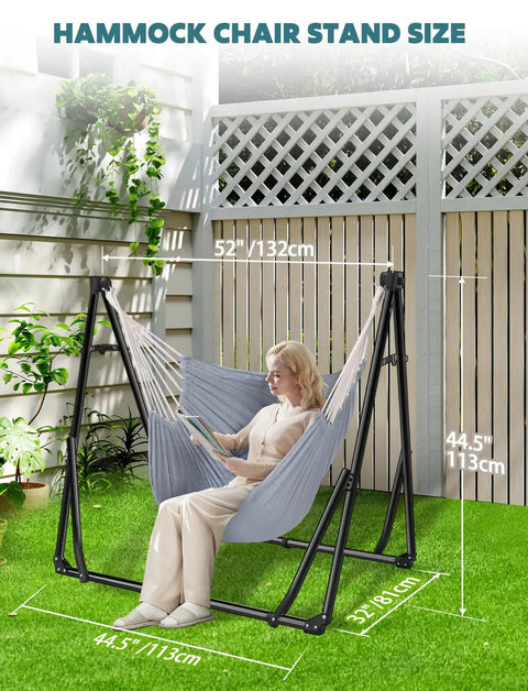 Woman relaxing on 2 in 1 Hammock and Swing Chair with Collapsible Steel Stand, ideal for indoor and outdoor use, rust-resistant frame.
