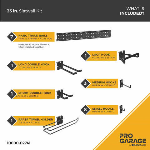 Garage Slatwall Hang Track Kit, 33 Inch Wide, With Pegboard Hooks, Hangers, And Paper Towel Holder, All In One Organizer System components