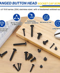 Flanged Button Head Socket Cap Screws Set M6 1x20mm 304 Stainless Steel Black Oxide Finish Allen Drive Bolts 25 Pieces On Wood Surface
