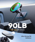 MagSafe Car Mount Charger with strong magnets on dashboard using ultra strong 3M adhesive, showing secure hold feature.