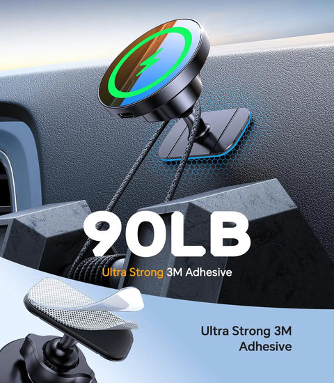 MagSafe Car Mount Charger with strong magnets on dashboard using ultra strong 3M adhesive, showing secure hold feature.