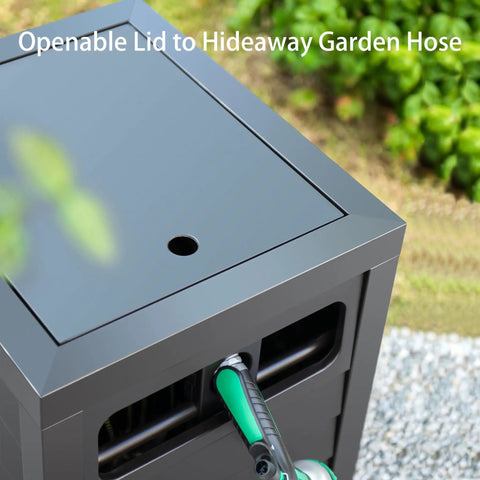 Open lid of Heavy Duty Metal Garden Hose Reel Deck Box With Durable Steel Storage Cabinet Holds 150 Ft Of Five Eighths Inch Hose Manual Rewind Guide And No Leak Aluminum Water Connections.