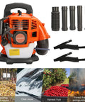 Backpack Gas Powered Leaf Blower With 52cc 550 CFM Two Stroke Engine with attachments and uses shown below