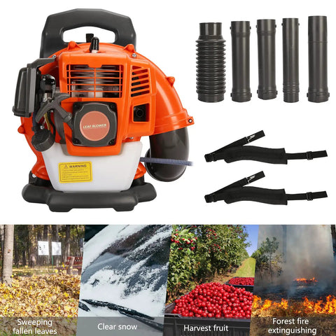 Backpack Gas Powered Leaf Blower With 52cc 550 CFM Two Stroke Engine with attachments and uses shown below
