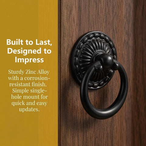 Vintage Black Ring Drawer Pulls Set Of Ten For Cabinets And Dressers Antique Zinc Alloy Handles with wood background