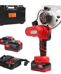 Kickass 21V Cordless Electric Cable Cutter Features Slick Ratcheting Drive For Heavy Duty Battery Power And Smooth Fast Cuts Through Thick Wiring On Job Sites with batteries and charger.