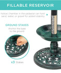 Close-up of Outdoor Solar Lighted Pedestal Bird Bath Fountain With Planter And Integrated Panel, base and scroll accents