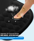 Close-up of finger pressing ergonomic mouse pad with 3D textured surface, showing memory foam and comfort features.