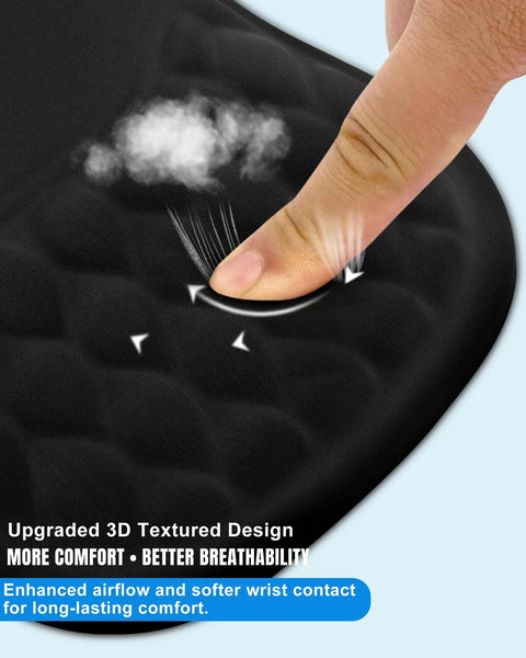 Close-up of finger pressing ergonomic mouse pad with 3D textured surface, showing memory foam and comfort features.