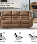 Manual Recliner Sofa Set With Overstuffed Arms And High Back Faux Leather 3 Piece Couch In Nut Brown Vintage Rivet Trim Ultra Comfy Recliners With Plush Armrests Ideal For Living Room Or Office, shown in a cozy living room setup.