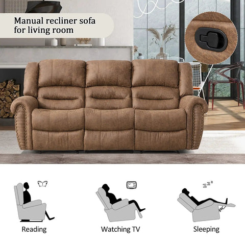 Manual Recliner Sofa Set With Overstuffed Arms And High Back Faux Leather 3 Piece Couch In Nut Brown Vintage Rivet Trim Ultra Comfy Recliners With Plush Armrests Ideal For Living Room Or Office, shown in a cozy living room setup.