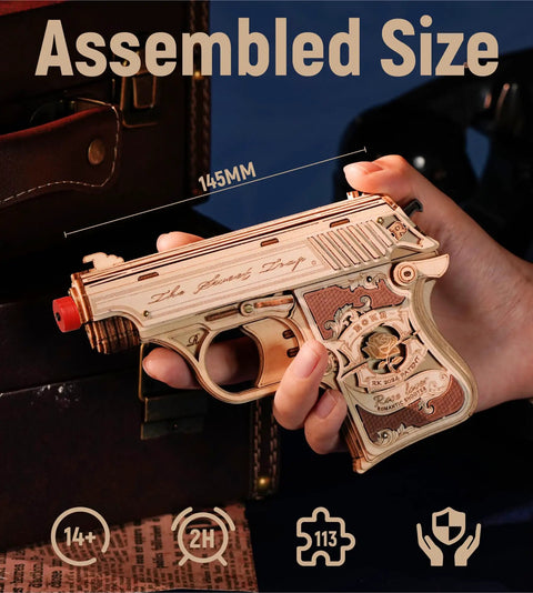 3D Wooden Puzzle Kit for Adults With 113 Pieces, Intricate Model Building Set for Grownups, Brain Boosting DIY Challenge, Great Gift Idea for Holidays, Stress Relief and Pure Fun, assembled 145mm wooden pistol model