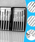 11 Piece Mini Precision Screwdriver Set With Slotted And Phillips Bits, open case displaying tools on a grey background