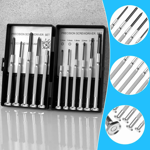 11 Piece Mini Precision Screwdriver Set With Slotted And Phillips Bits, open case displaying tools on a grey background