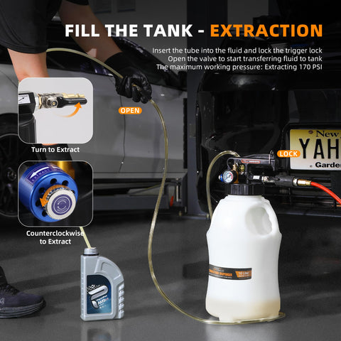 Mechanic using 10L Pneumatic Transmission Fluid Pump Kit With Quick Switch Extractor And Dispenser to fill 2.6 gallon tank