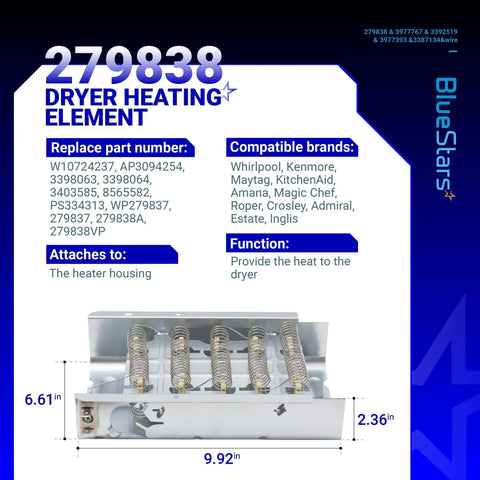 Dryer Heating Element Kit Replacement For Whirlpool Kenmore Maytag Amana Roper Includes 279838 Heating Element product image.