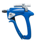 Aluminum Insulated Manual Wire Wrapping Tool With LED Flashlight, shown in blue, pro grade build, durable grip, side view