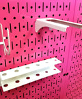 Dope Pink Metal Pegboard Wall Panels Pack, Two 32 Inch Tall By 16 Inch Wide Pegboard Boards with hooks and shelf attached