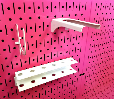 Dope Pink Metal Pegboard Wall Panels Pack, Two 32 Inch Tall By 16 Inch Wide Pegboard Boards with hooks and shelf attached