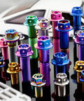 Colorful titanium flanged hex head bolts M10 X125 pitch, premium grade, for motorcycle and car mods, pack of four.