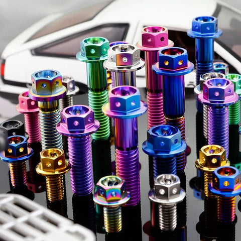 Colorful titanium flanged hex head bolts M10 X125 pitch, premium grade, for motorcycle and car mods, pack of four.