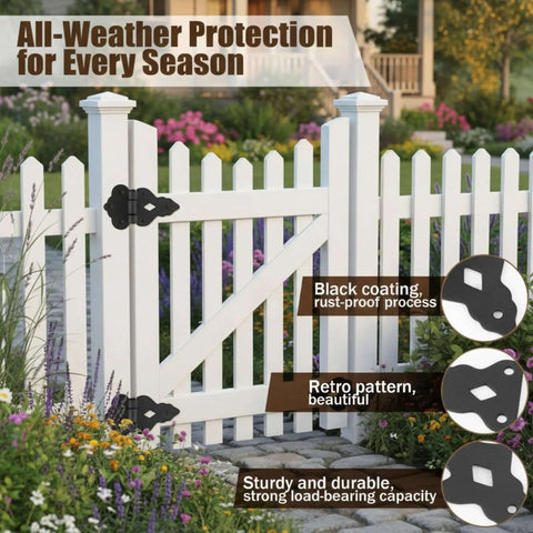 White garden gate with black hinges, showcasing all-weather protection features; focus on black coating, retro pattern, and durability.