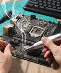 Person using Extra Easy Silver Solder Wire For Jewelry Repair Kit With 1mm Medium Density Welding Wire Tools on a circuit board