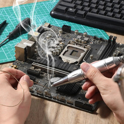 Person using Extra Easy Silver Solder Wire For Jewelry Repair Kit With 1mm Medium Density Welding Wire Tools on a circuit board