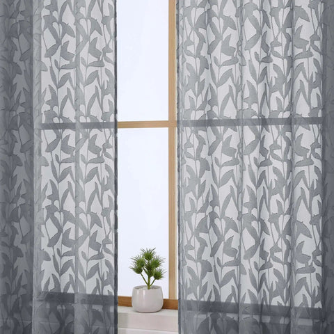 Charcoal Gray Sheer Curtain Panel Set, Two Pieces 40W By 54L Each, Light Filtering Clip Jacquard Drapes with Elegant Leaf Texture