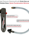 No Sweat Ac Drain Line Cleaner With Gallo Gun And Flexible Hose High Pressure Hvac Condensate Blaster That Kicks Stubborn Blockages Straight Out Uses 16 Gram Co2 Cartridges, showing drain gun and flexible hose.