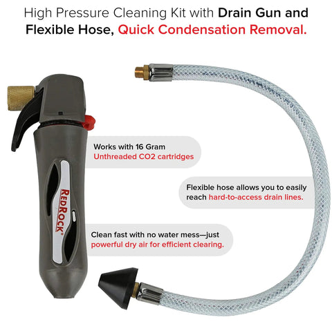 No Sweat Ac Drain Line Cleaner With Gallo Gun And Flexible Hose High Pressure Hvac Condensate Blaster That Kicks Stubborn Blockages Straight Out Uses 16 Gram Co2 Cartridges, showing drain gun and flexible hose.