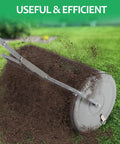 27 Inch Metal Roller Garden Spreader For Lawn And Topsoil With Adjustable Handle spreading soil on green lawn