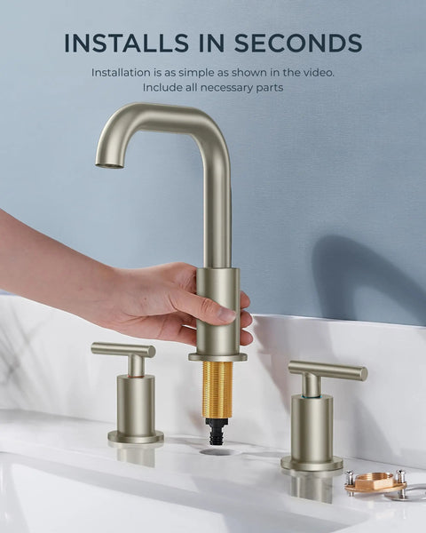Installing Brushed Nickel 8 Inch Widespread Bathroom Faucet With Two Handles 360 Degree Swivel Pop Up Drain And Hoses For 3 Hole Vanity Restroom RV Lavatory Easy Install
