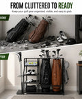 Heavy Duty Golf Bag Storage Rack For Two Bags With Shelves And Accessory Holders, neatly organized golf gear before and after view