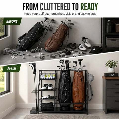 Heavy Duty Golf Bag Storage Rack For Two Bags With Shelves And Accessory Holders, neatly organized golf gear before and after view