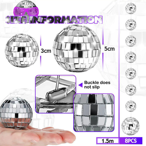 Close-up of 8 Pack Mini Disco Ball Garlands Silver Mirror Balls Hanging Banner with size details and buckle feature