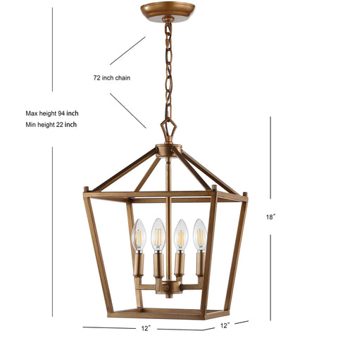 Kickstart Your Space With This Totally Rad Antique Gold 4 Light Pendant Ceiling Fixture Featuring A 12 Inch Caged Lantern Design and clear bulbs hung by a 72 inch chain.