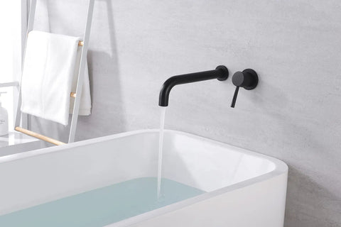 Dope Matte Black Wall Mount Tub Filler With Extra Long Spout Single Handle Bath Faucet Brass Rough In Valve Space Saving Undrilled Tub Compatibility Modern Spa Bath Fixture