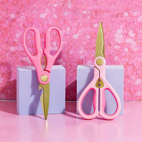 All Purpose Kitchen Shears 2 Piece Set With Premium Stainless Steel Blades And Soft Grip Handles In Pink For Cutting Meat Poultry Fish Pizza Cardboard String And Kitchen Packaging, front view