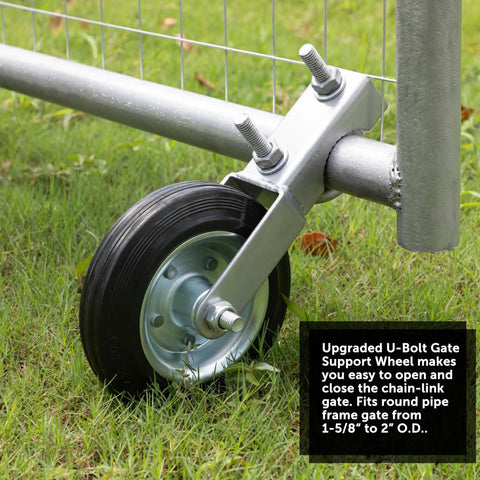 Heavy Duty 6 Inch Gate Wheel Caster For Smooth Glide On Metal Swing Gates Fits 1 5/8 To 2 Inch Frames on grass with U-bolt.
