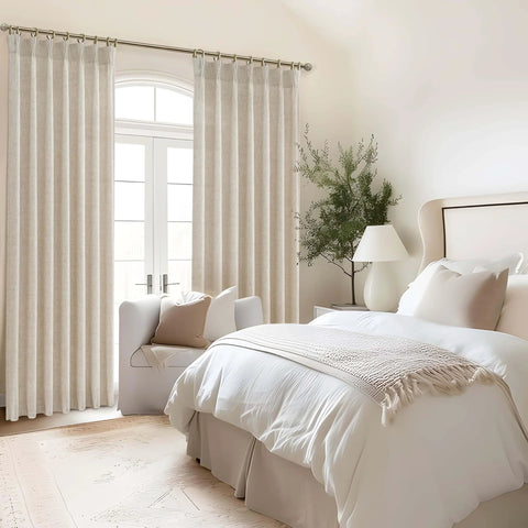 Natural Linen Blend Heavy Fall Curtains 86 Inches Long For Bedroom And Living Room, Pinch Pleated Custom Track System Sheer Drapes Visible