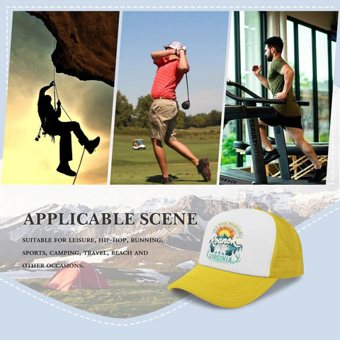 Yellow Breathable Cap For Men With Adjustable Buckle, All Season Comfort Hat shown with outdoor sports and leisure scenes