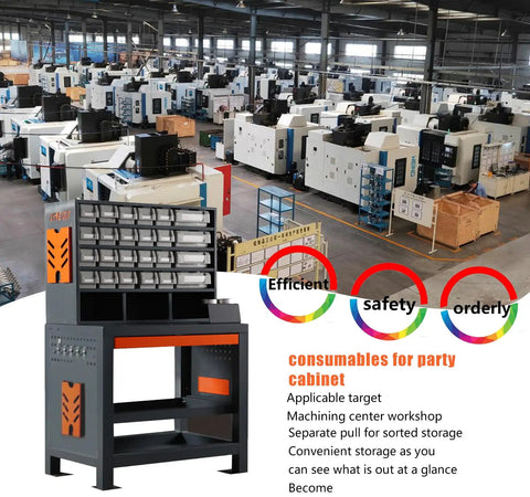 Workshop with Shop Boss CNC Tools Organizer Cabinet in foreground, showing storage capacity for end mills and accessories.