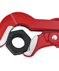 Swedish Pattern Pipe Wrench S Shape With 45 Degree Angled Jaws And Offset Teeth gripping hex nut, three-point grip, red handle