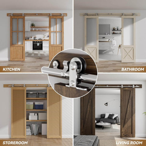 Stainless Steel Sliding Door Hardware Kit For Top Mount Wooden Doors, J Style, 6 Ft Rail System, Ideal For Double Doors