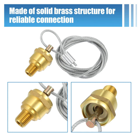 2 Pair Manual Air Tank Drain Valve Plug 1/4 NPT With 60 Inch Cable, brass structure with gray cable for truck reservoirs.